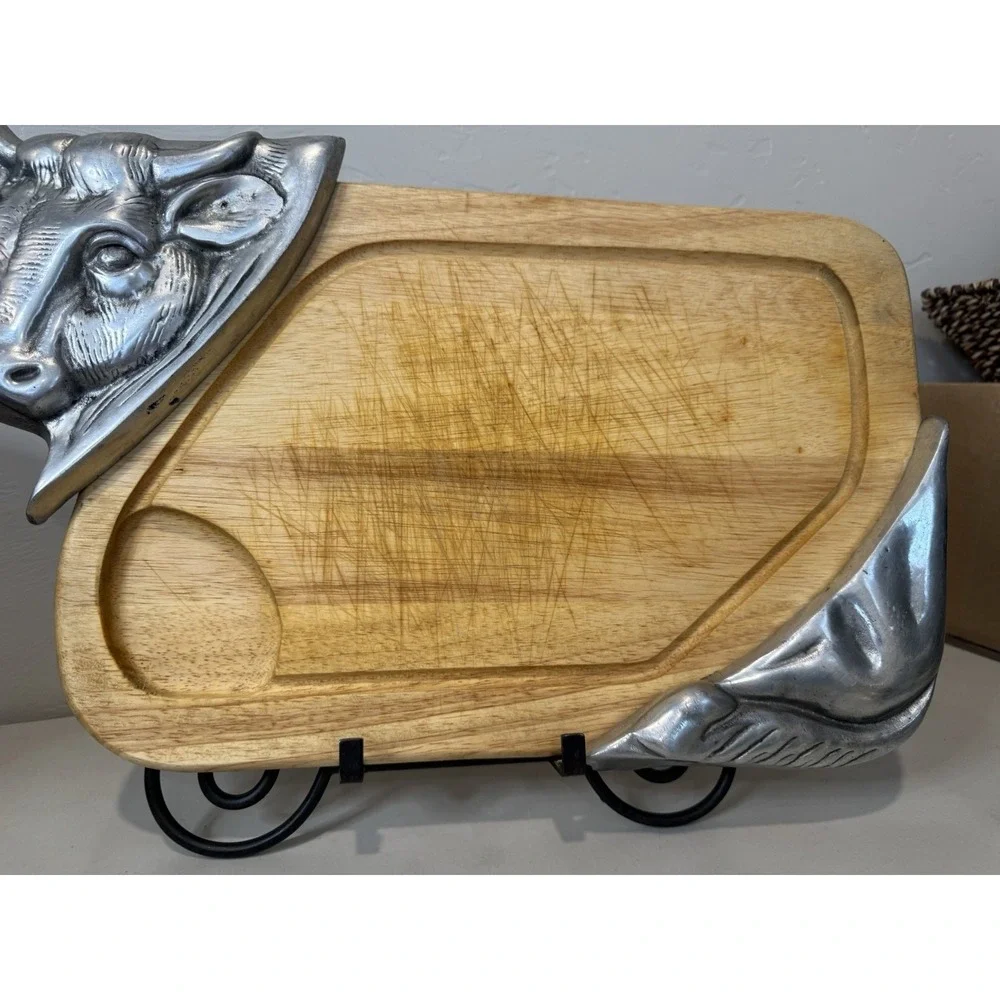 VTG Cow Bull Wood Pewter Cutting Board  Steak Tray Farmhouse Kitchen Decor 19